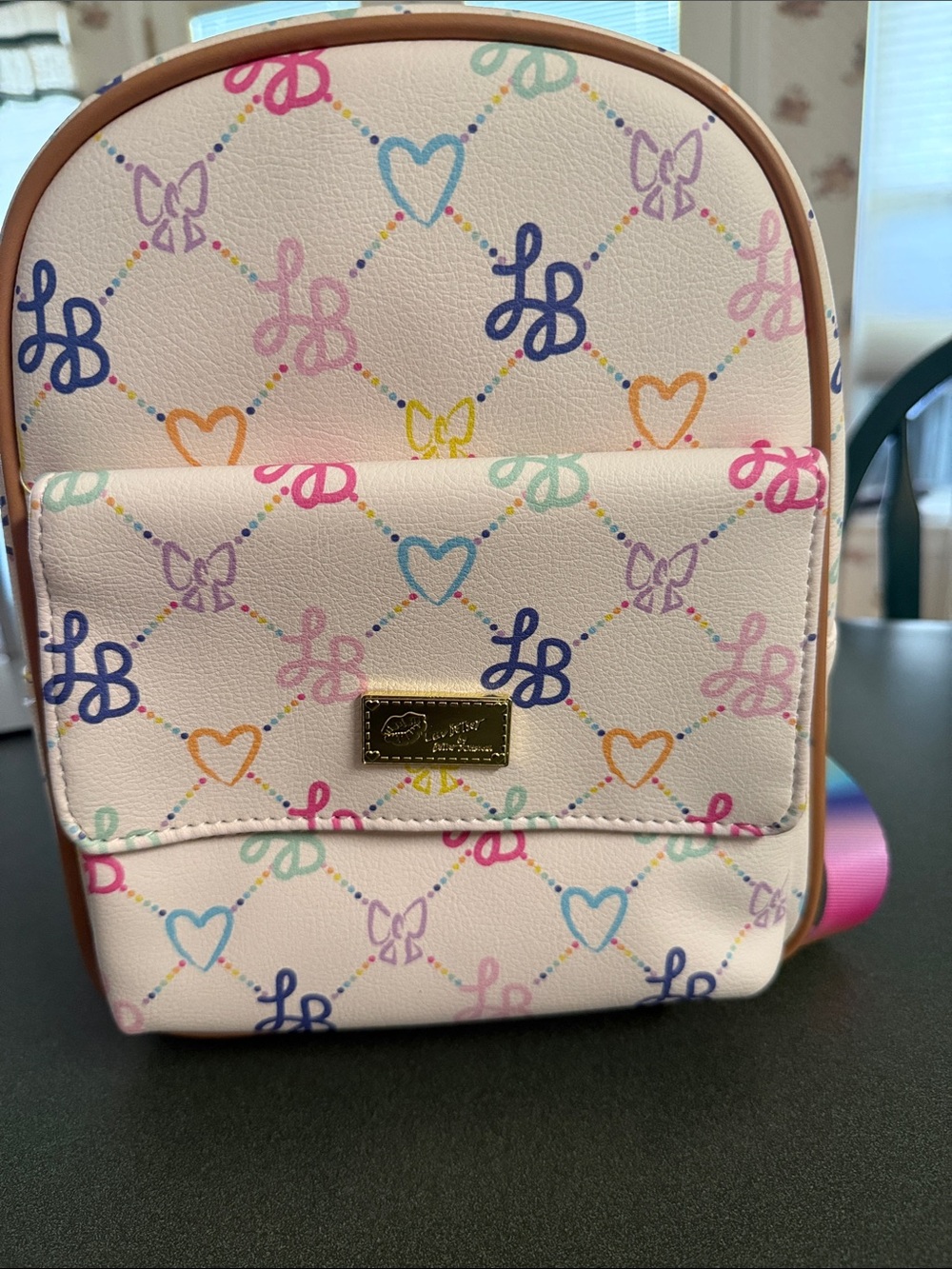 Betsey Johnson Pink Mini Backpack with Multicolor Heart Print